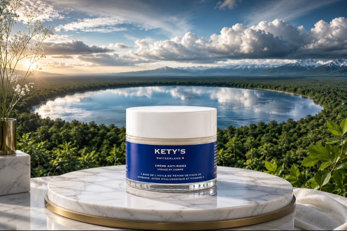 Crème anti-rides visage et corps KETY'S - soin cosmétique suisse au bord d'un lac 