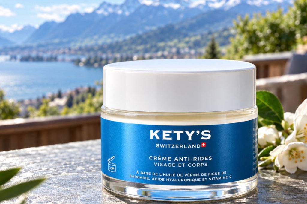 « Crème Anti-Rides KETY’S Visage & Corps présentée au bord du lac avec les Alpes suisses en arrière-plan »